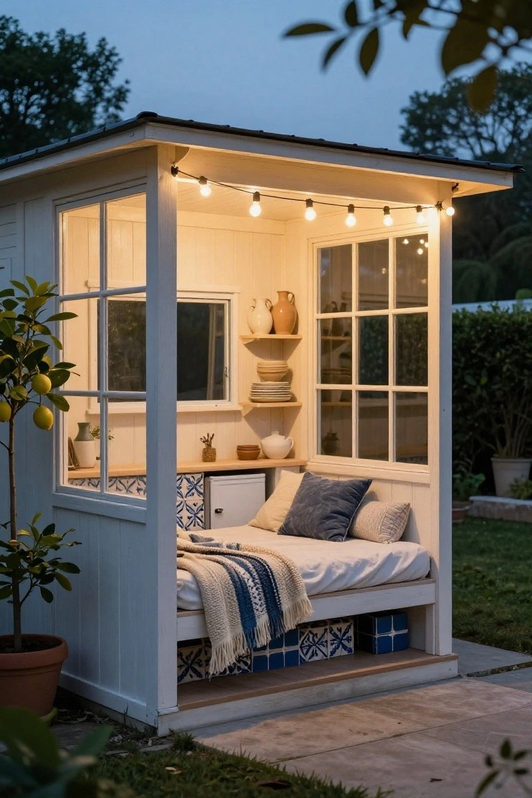 White wooden garden cabana with large multi-pane windows, built-in daybed with pillows and blankets on blue tiled base, string lights overhead, lemon tree nearby, and backyard greenery at dusk.