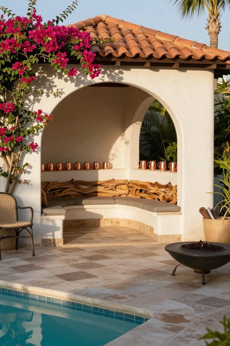 White stucco cabana with arched opening by a pool, featuring built-in driftwood bench seating, row of copper mugs on a shelf, rattan chair, woven basket, fire pit on tiled patio, bougainvillea vines, and palm trees.