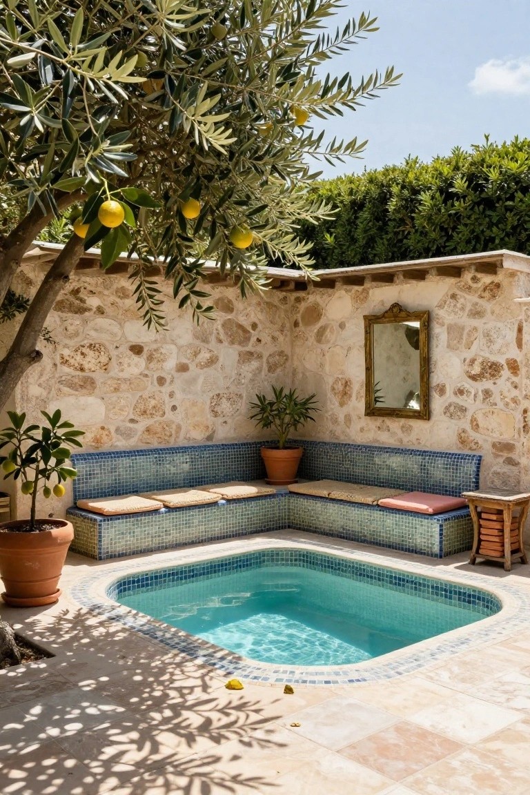Small turquoise mosaic-tiled plunge pool with L-shaped blue-tiled bench seating around it, stone walls, potted plants, olive tree, and lemon tree in an outdoor courtyard.