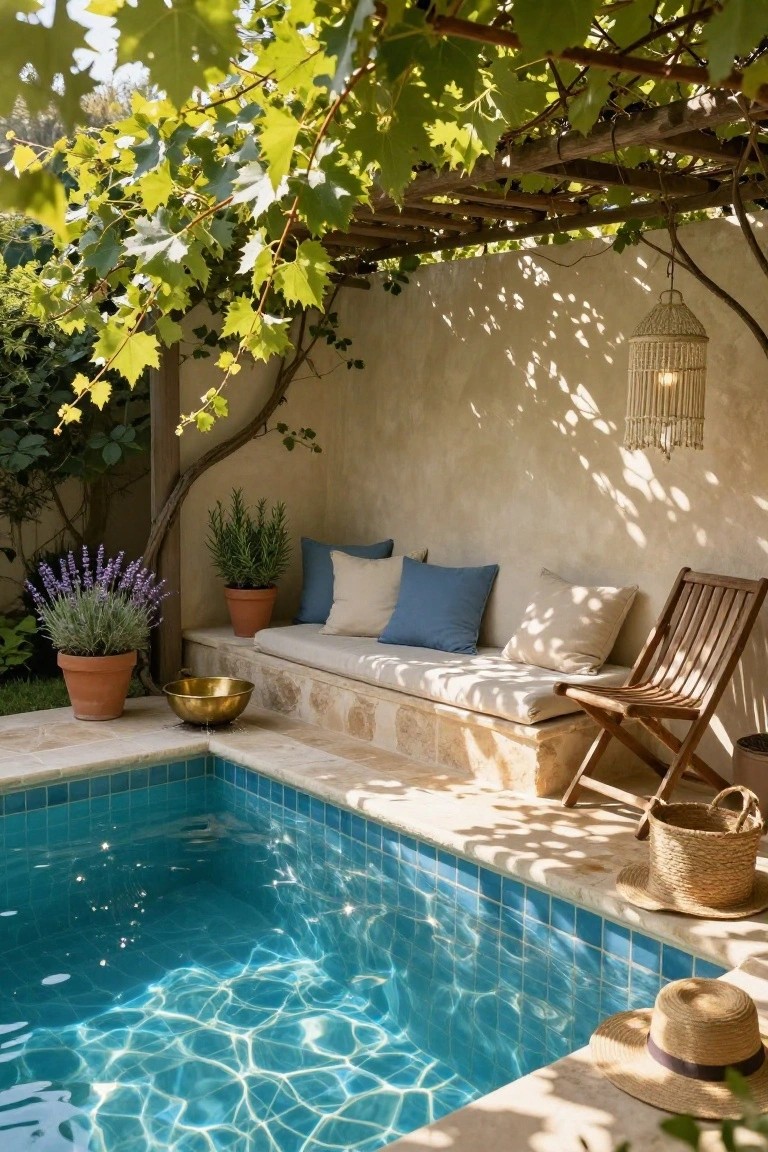 Small turquoise-tiled pool beside a built-in cushioned bench on a stone base under a vine-covered wooden pergola, with potted lavender and rosemary plants, a gold bowl, folding wooden chair, and woven baskets nearby.