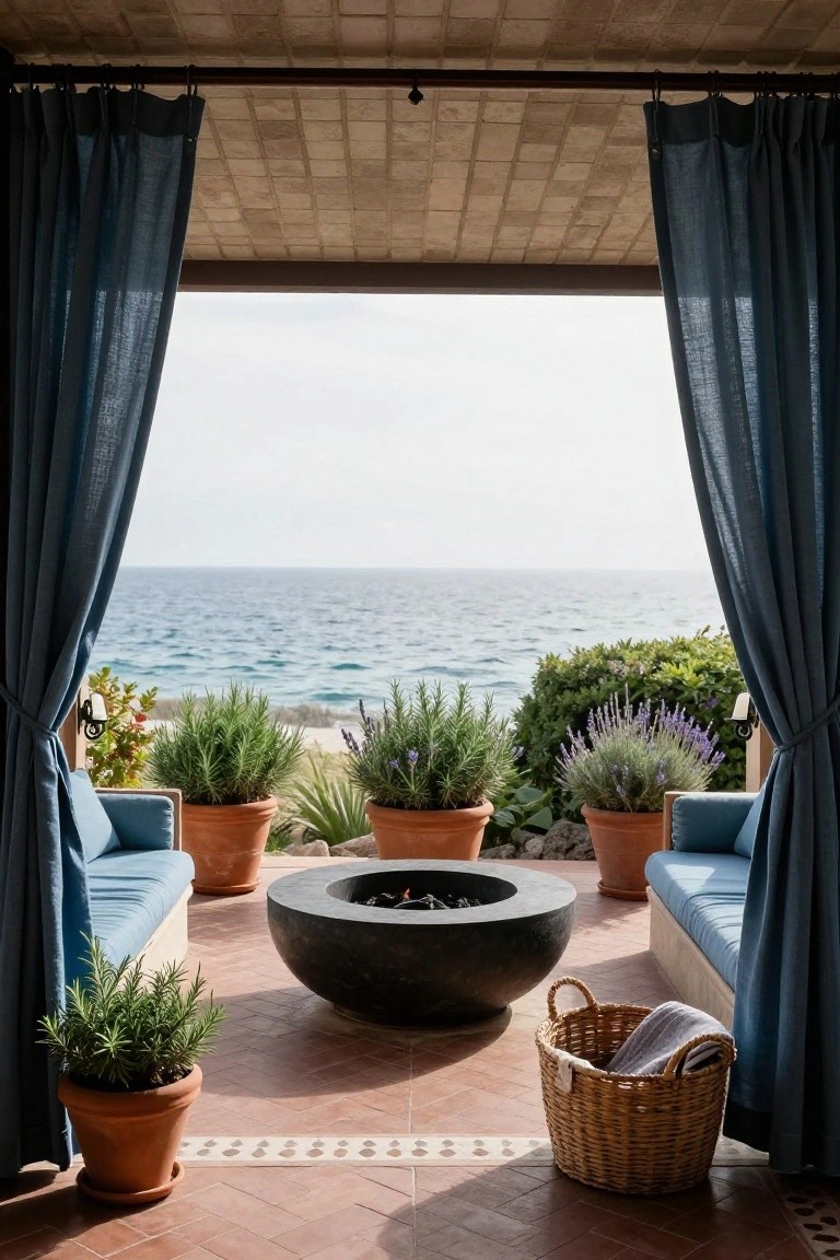 Outdoor cabana terrace viewed through parted navy blue curtains, featuring blue upholstered sofas, central black round fire pit, terracotta tile floor with white accents, potted rosemary and lavender plants, and ocean horizon in the distance.