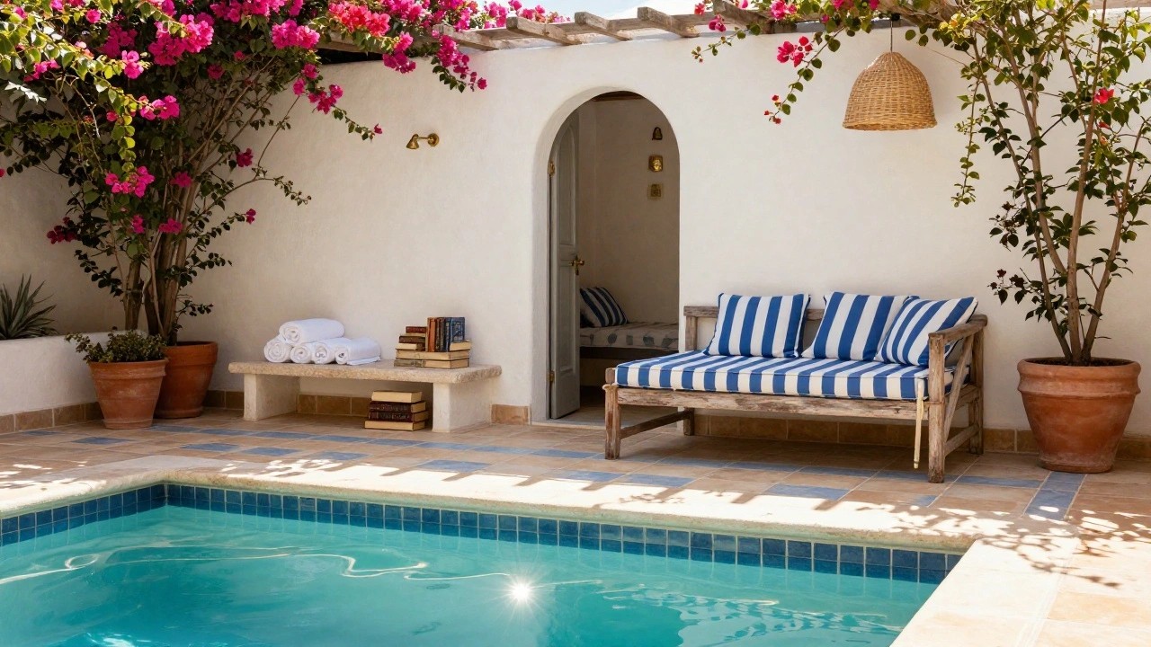 White arched cabana structure with blue striped daybed, stacked blue towels on a shelf, and potted plants beside a blue-tiled pool edged in terracotta, with pink bougainvillea vines overhead.