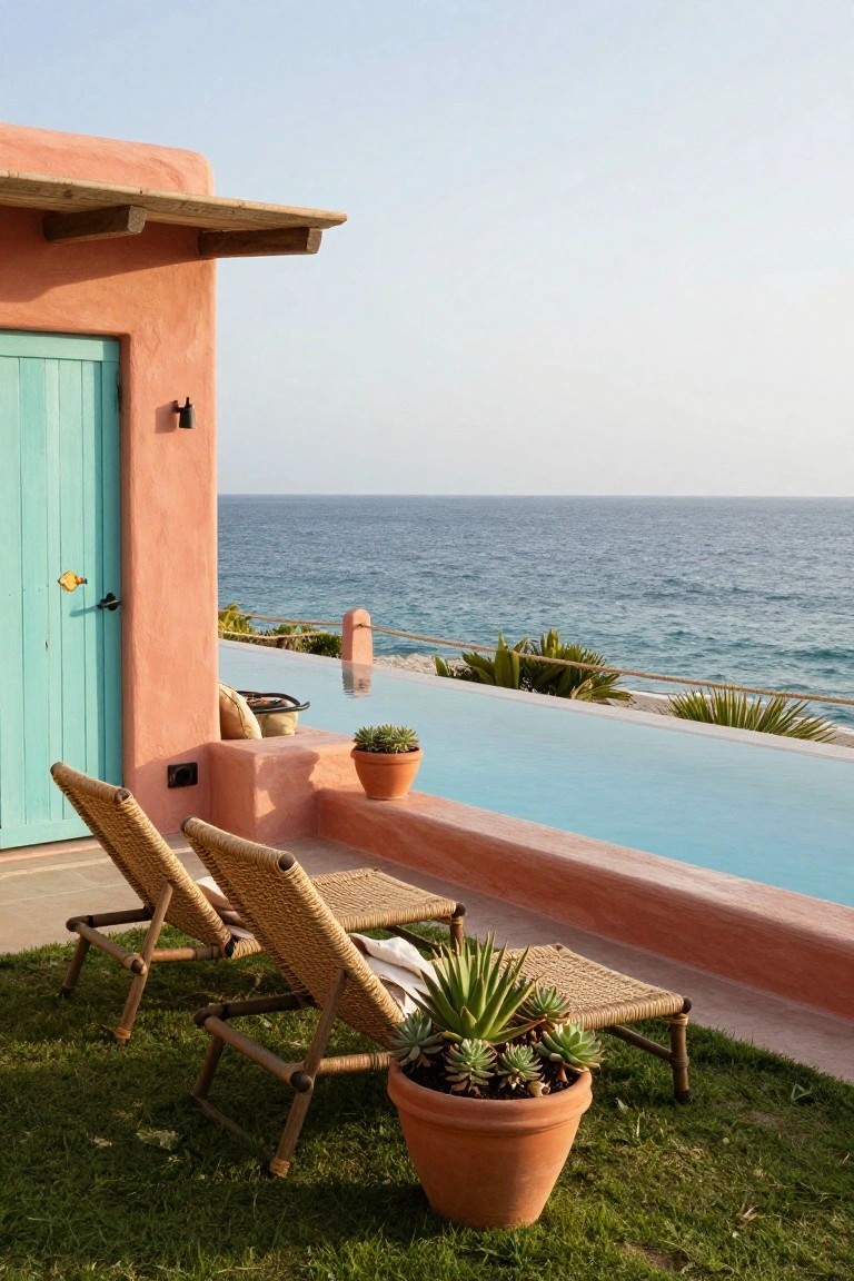 Pink stucco cabana corner with turquoise door and wooden beam overhang next to infinity-edge pool overlooking ocean, two rattan lounge chairs on grass with potted succulents.