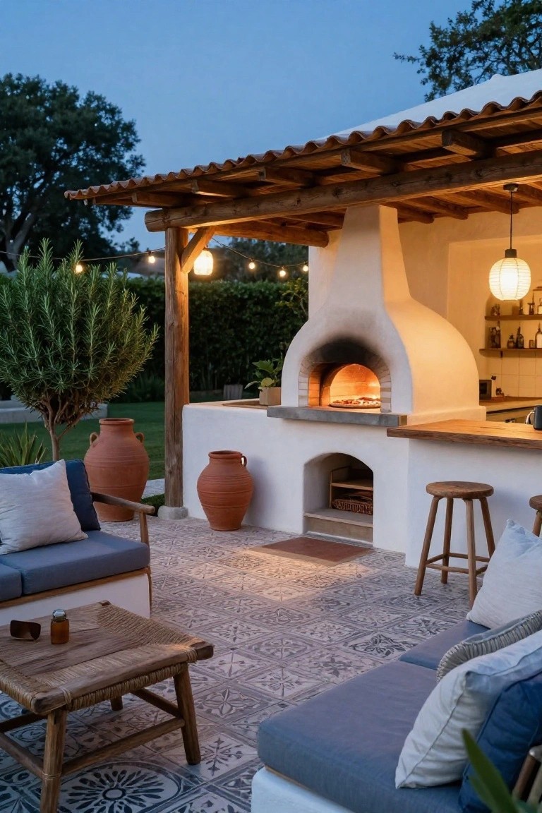 Outdoor cabana with white domed wood-fired pizza oven built into stucco bar counter, wooden stools, blue lounge seating, terracotta pots, string lights, and potted rosemary at dusk.