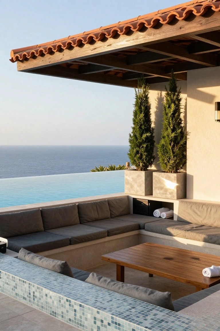 Outdoor cabana with terracotta roof overhang above a sunken L-shaped gray sofa seating area around a wooden coffee table next to an infinity pool overlooking the ocean, flanked by two tall potted cypress trees in square planters.