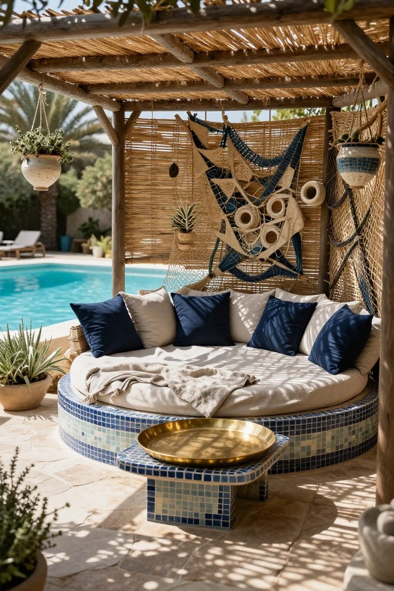 Round cushioned daybed with navy and beige pillows on a blue mosaic pedestal base in a shaded pool cabana, gold tray table nearby, plants and blue netting on wooden structure, swimming pool in background.