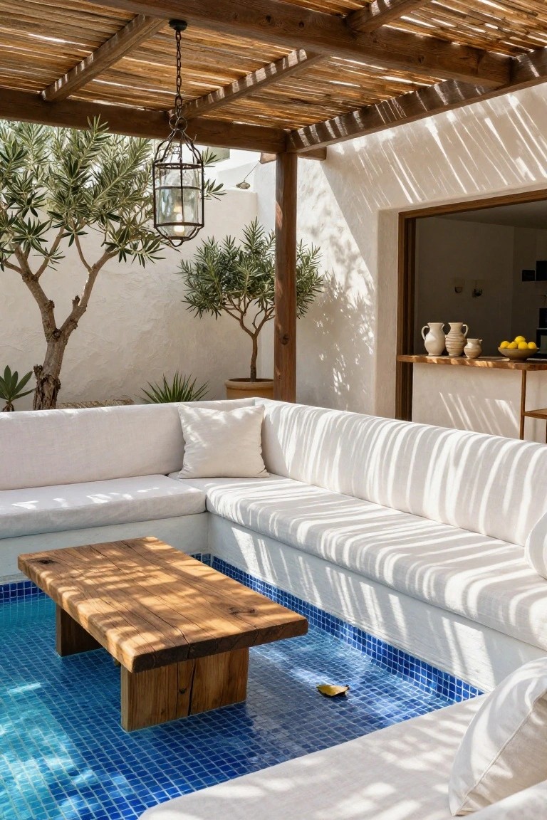 Outdoor cabana lounge with white L-shaped sofas around a shallow blue-tiled pool containing a rectangular rustic wooden coffee table, under a reed pergola with olive trees nearby and a bar counter in the background.