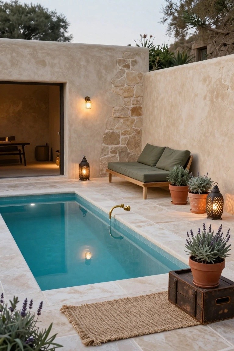 Narrow turquoise plunge pool adjacent to a wooden daybed with green cushions, flanked by stone walls, potted plants, lanterns, and a woven rug in an outdoor courtyard setting.