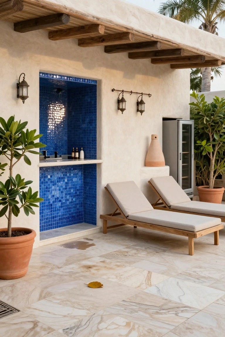 Outdoor cabana with recessed blue mosaic tile shower niche flanked by lanterns, potted plants, lounge chairs, wine fridge, on light veined stone patio near palm trees.