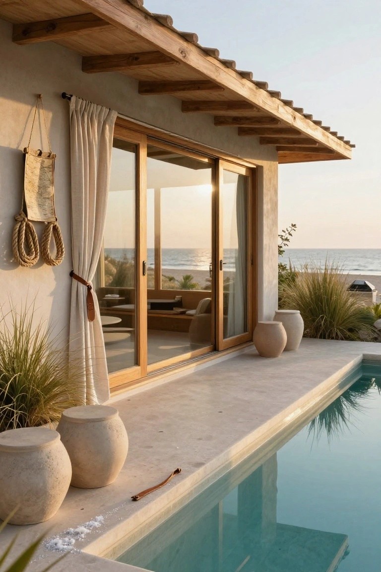 Beige stucco pool cabana with exposed wooden beam roof overhang, open sliding glass doors with sheer curtains and rope ties, adjacent turquoise pool, potted plants, and ocean beach view in evening light.