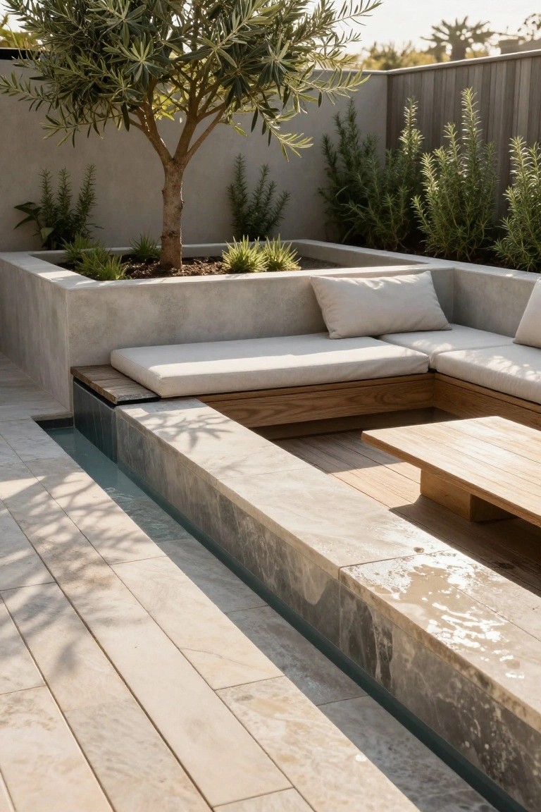 Outdoor seating area featuring L-shaped built-in benches with beige cushions, low wooden table, olive tree and rosemary plants in raised concrete planters, narrow water channel, and light veined stone tiles on the patio floor.