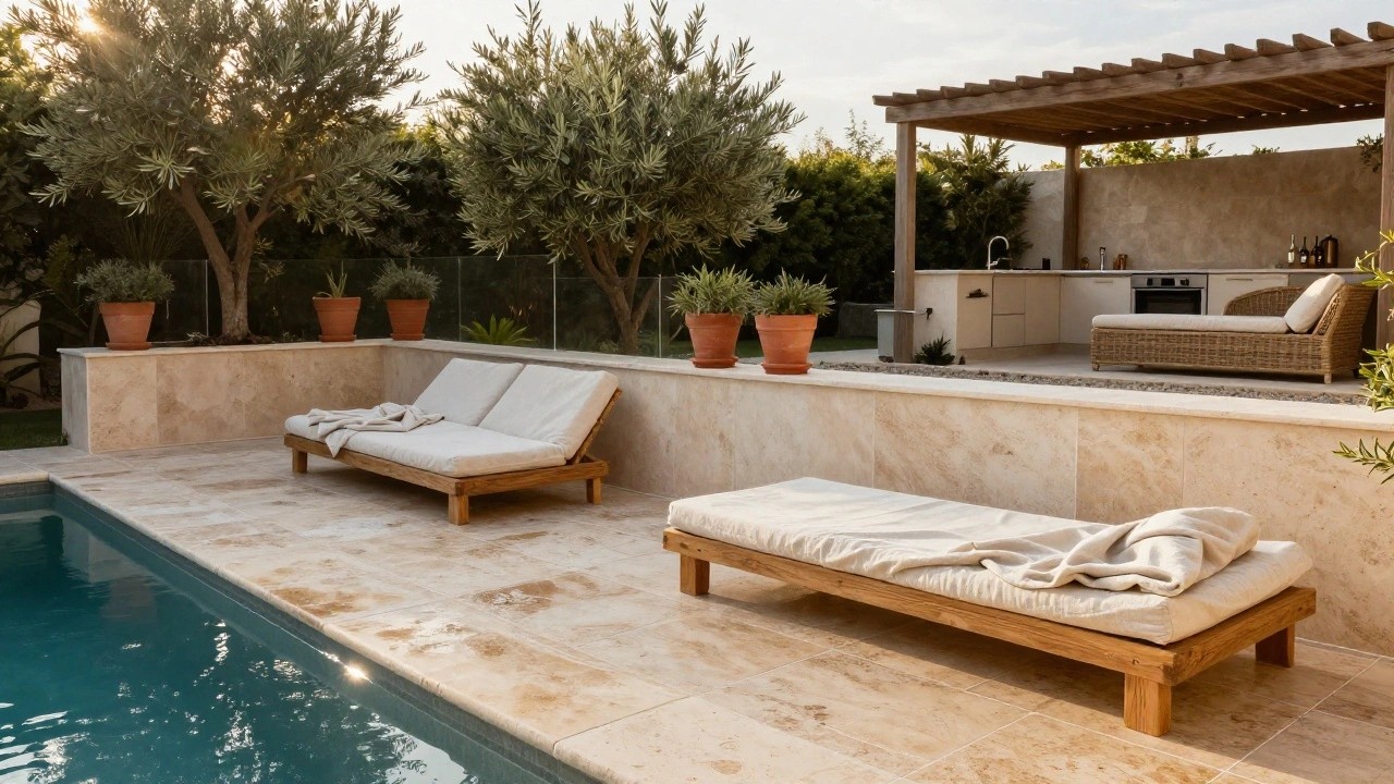 Rectangular pool with turquoise water edged by beige travertine tiles and white linen pillows, surrounded by potted olive trees, glass fence, and wooden pergola with daybed.