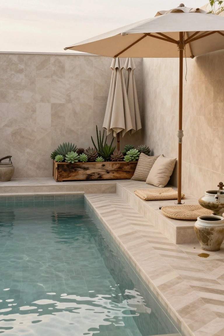 Corner view of a rectangular pool with light beige herringbone tiles along the edge, wooden umbrella, succulents in a wooden planter box, beige cushions on a built-in bench, woven mats, and ceramic pots against a matching tiled wall.