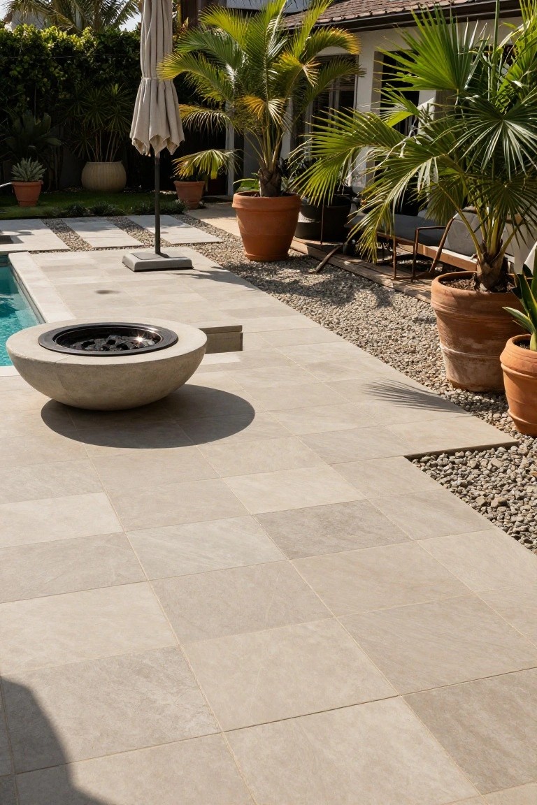 Pool deck with large rectangular light beige tiles surrounding a turquoise pool and a round concrete fire pit, edged by gravel, potted plants, and palm trees near a house exterior.