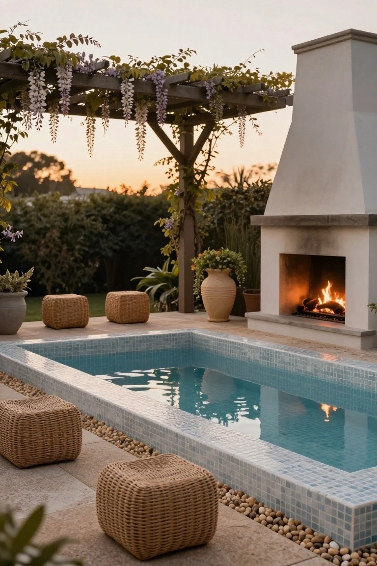 Rectangular pool with light blue mosaic tiles, surrounded by pebble edging and stone deck, next to an outdoor fireplace with wicker cube stools, potted plants, and a wisteria-draped pergola at dusk.