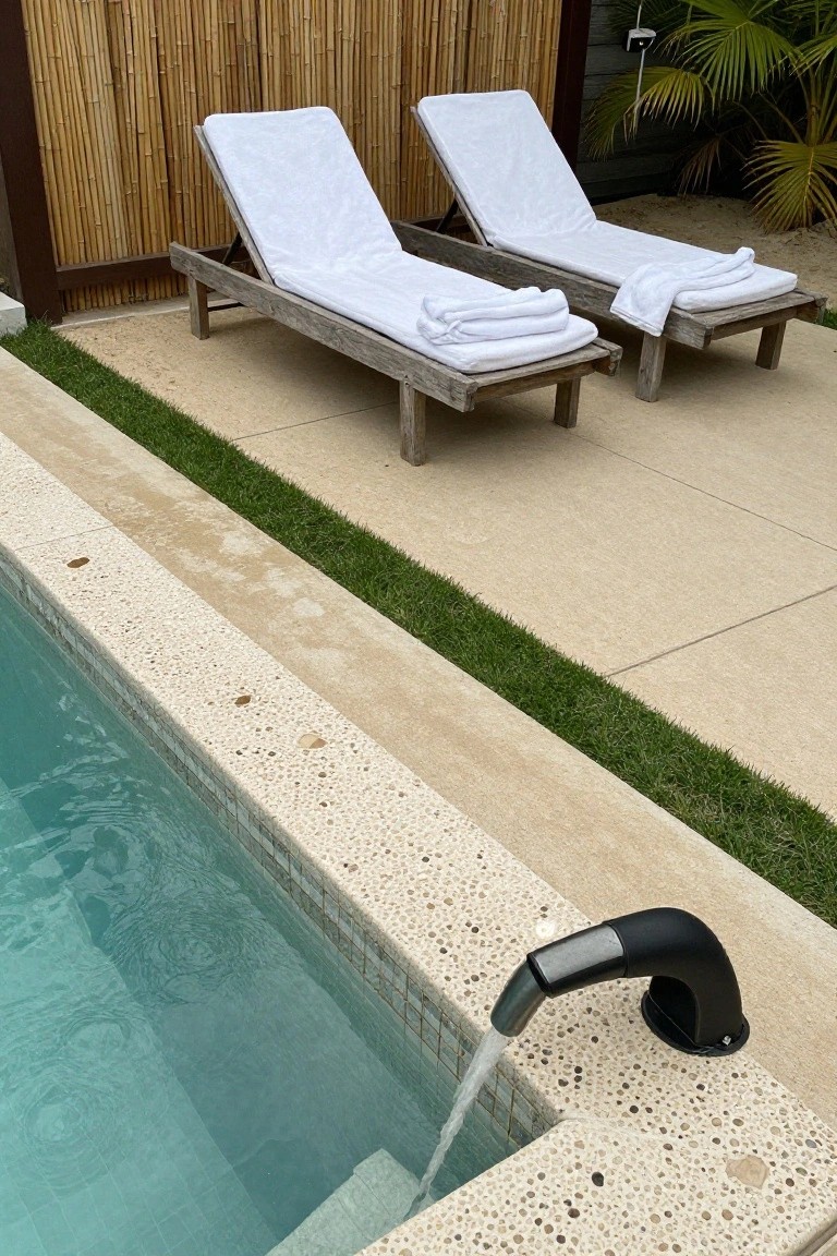Close view of a turquoise pool with light pebbled aggregate coping along the edge, black curved water spout filling the pool, two white fabric-covered lounge chairs with towels on a beige stone patio, bamboo fence and palm plants nearby.