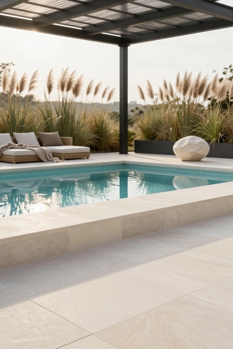 Outdoor infinity-edge pool with light beige stone tile surround and deck, rattan daybed loungers with cushions and throw, pampas grass plantings, large white boulder, and black metal pergola structure against a hillside backdrop.