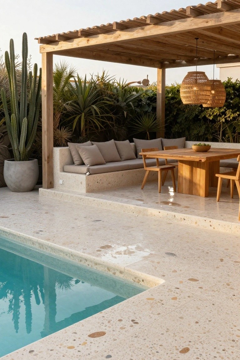 Poolside outdoor seating area under a wooden pergola with built-in bench, teak dining table and chairs on light pebble terrazzo tiled deck, surrounded by potted cacti, palms, and tropical plants.