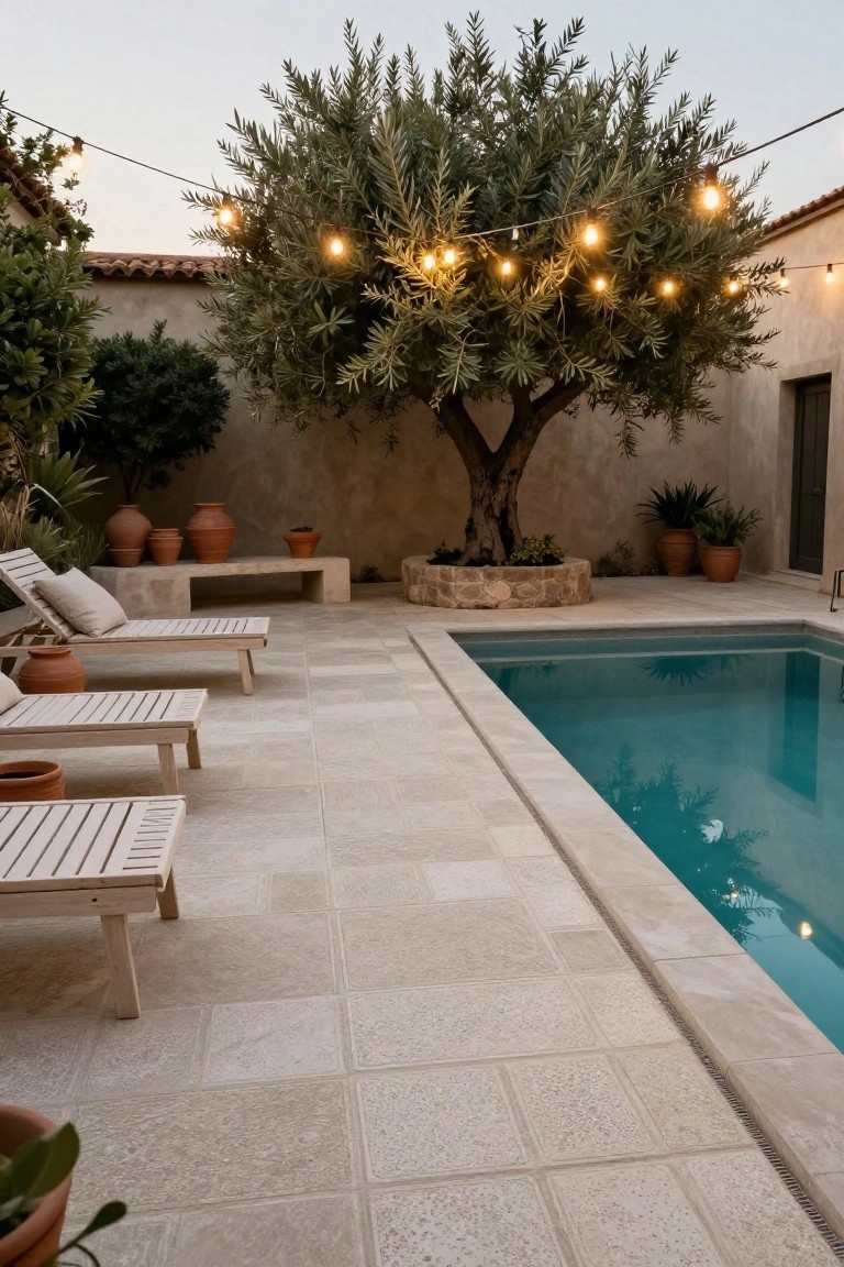 Poolside patio with light beige rectangular stone tiles, several wooden loungers with cushions, terracotta pots, an olive tree wrapped in string lights, and a turquoise rectangular pool next to a beige stucco wall.