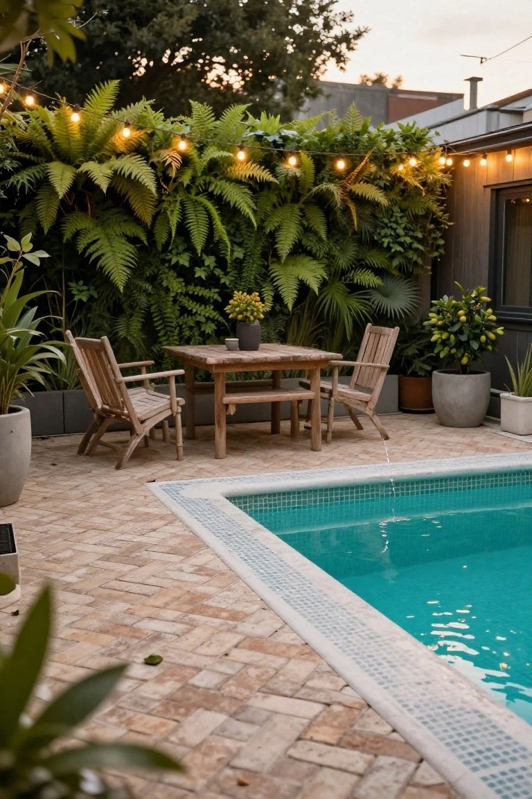 Turquoise pool with white and blue mosaic tiled edges adjacent to brick paver patio featuring wooden table and two chairs, surrounded by potted plants, ferns on a wall, and string lights.