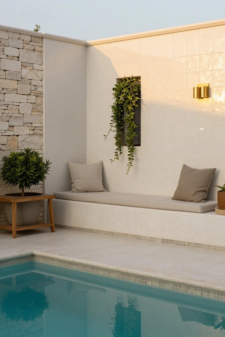 Outdoor pool with light neutral tiled edges and matching deck tiles next to beige tiled walls, a built-in cushioned bench with pillows, potted plants, and hanging greenery.