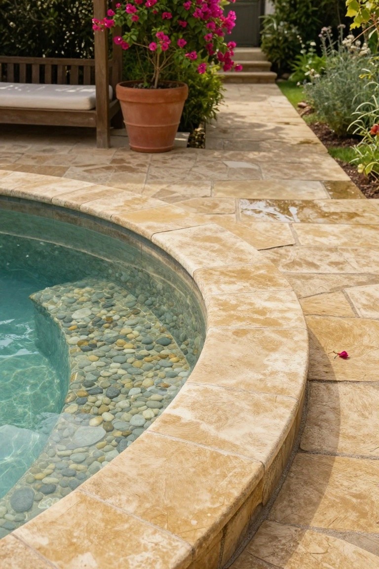 Close-up of a curved pool edge with beige travertine tile coping and decking, featuring a pebble tile step into turquoise water, next to a potted plant and wooden bench on a tiled patio.