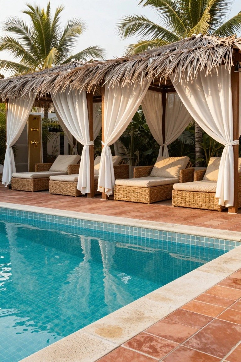 Pool area with terracotta tiled surround, blue mosaic pool, multiple thatched cabanas draped in white curtains with beige rattan loungers, and palm trees nearby.
