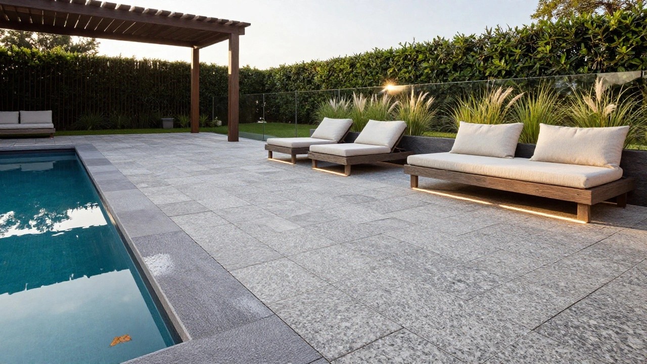 Inground pool with dark gray rectangular paver decking, wooden loungers with white cushions, potted ornamental grasses, glass fencing, wooden pergola, and lush green hedges in the background.