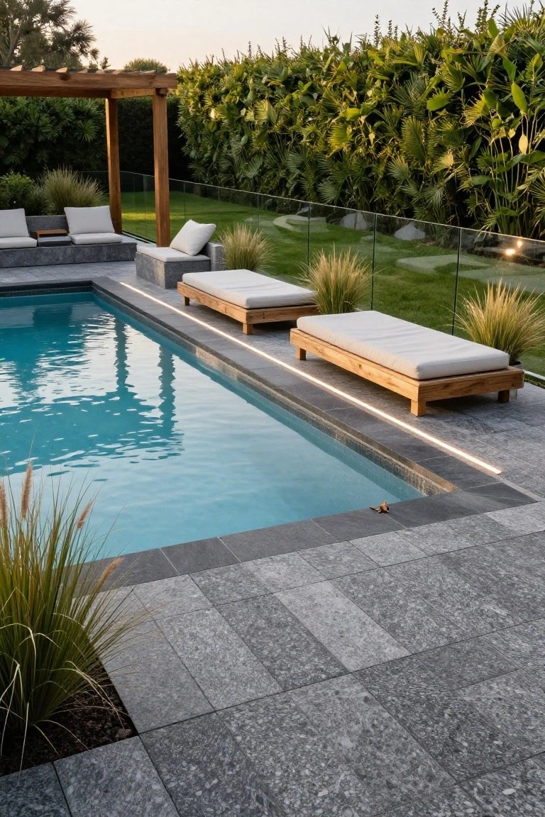 Inground pool with dark gray rectangular paver decking, wooden loungers with white cushions, potted ornamental grasses, glass fencing, wooden pergola, and lush green hedges in the background.