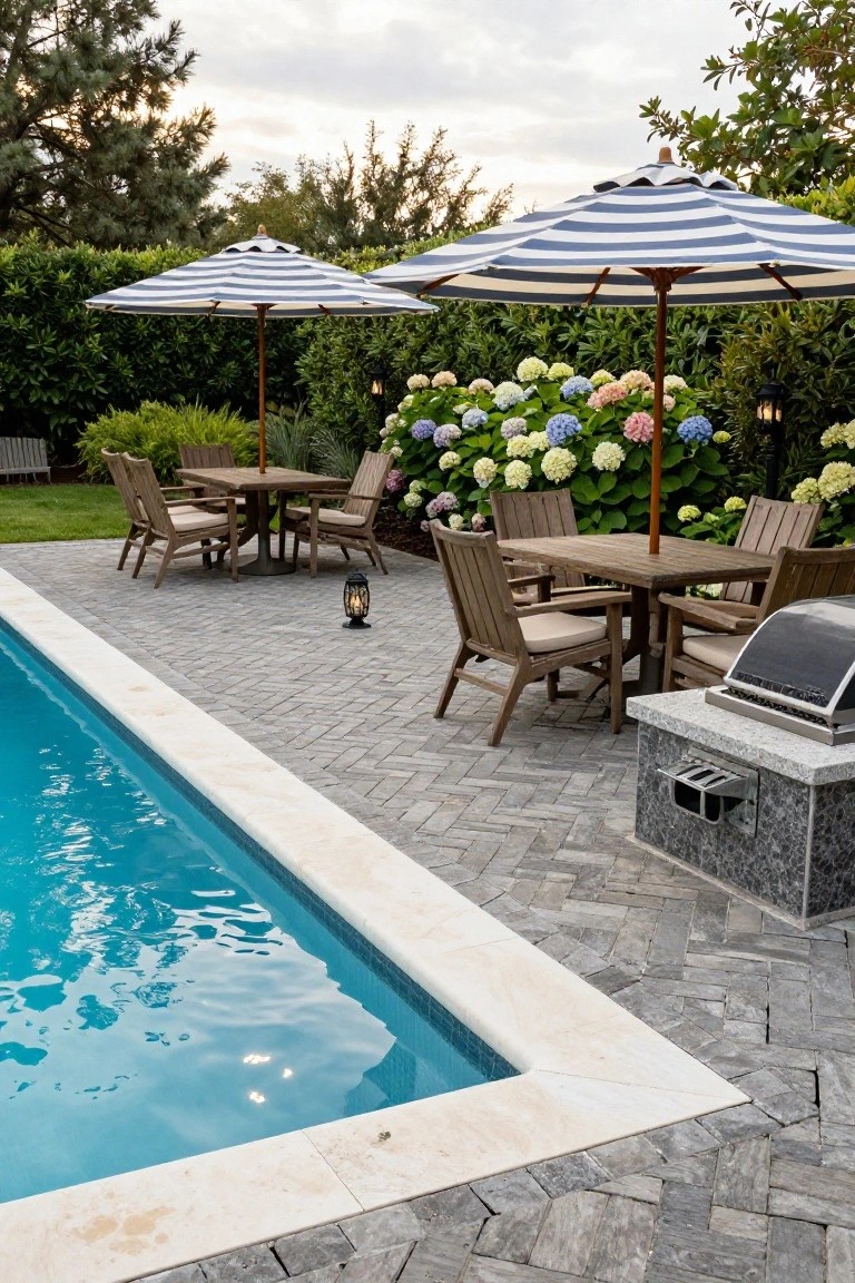 Inground swimming pool with gray herringbone paver decking along the edge, wooden dining tables and chairs under blue-and-white striped umbrellas, hydrangea plantings, lanterns, and a built-in grill on a stone base.