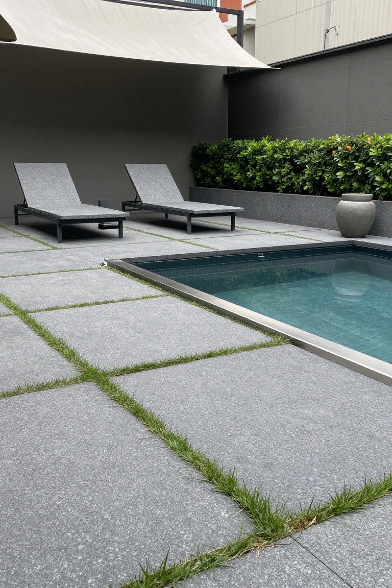 Gray rectangular pavers with grass growing in the joints surround a rectangular inground pool, with two lounge chairs nearby, a beige shade sail overhead, hedges along a dark wall, and a large ceramic pot.