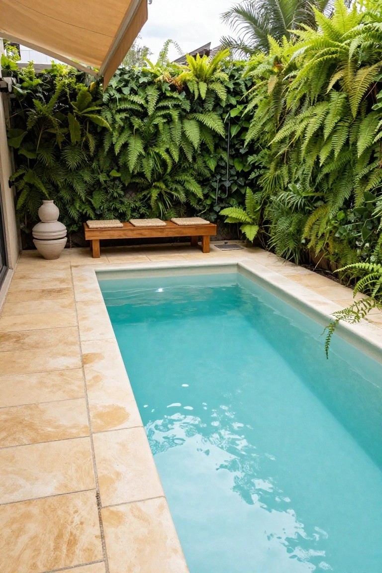 Narrow inground pool with light beige travertine pavers surrounding it on three sides, wooden bench with cushions nearby, tall ceramic pots, lush green fern wall, and beige awning overhead.