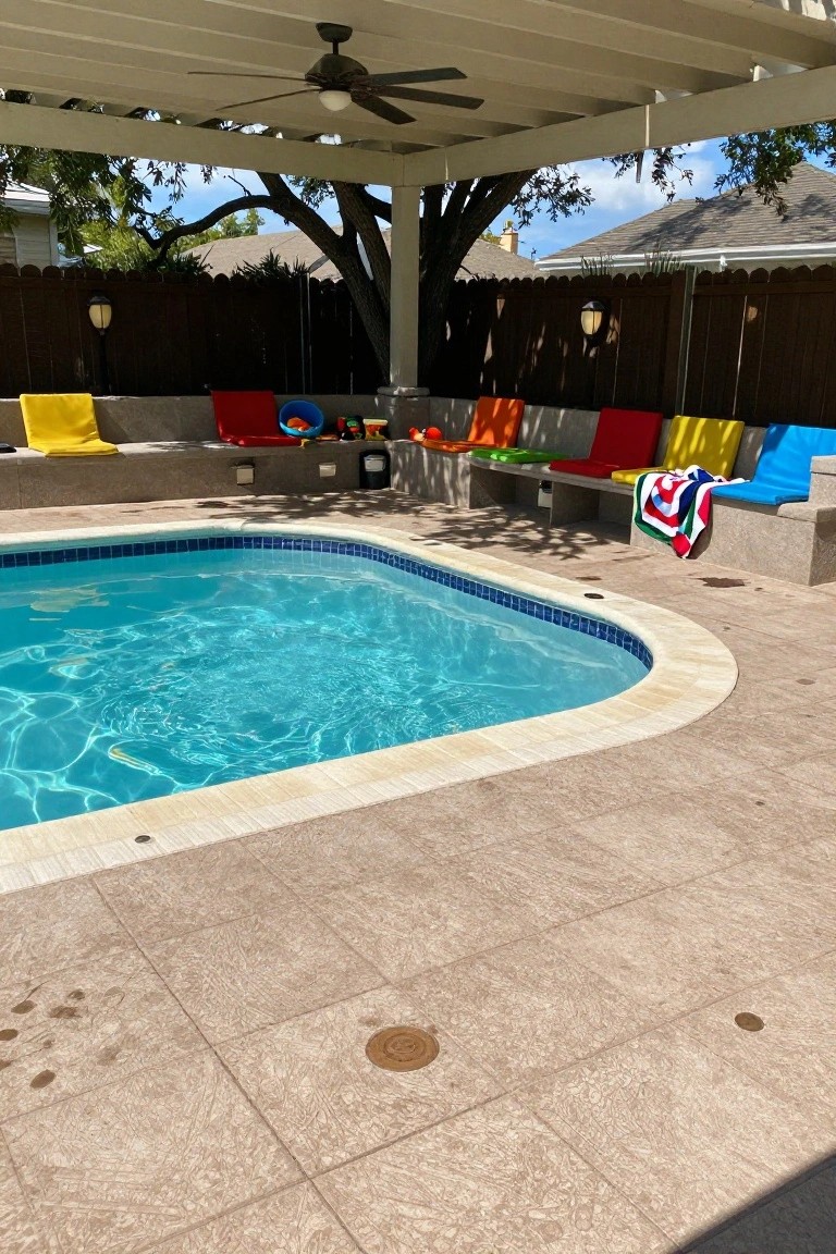 Kidney-shaped inground pool with blue tiles surrounded by beige paver decking and built-in concrete benches topped with colorful cushions under a covered patio with ceiling fan and backyard fence.