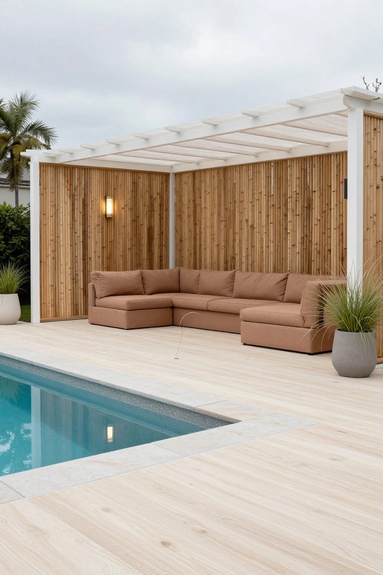 Beige corner outdoor sofa under a white pergola with vertical bamboo screens and a wall light, positioned on light wood decking next to an inground pool with white coping.