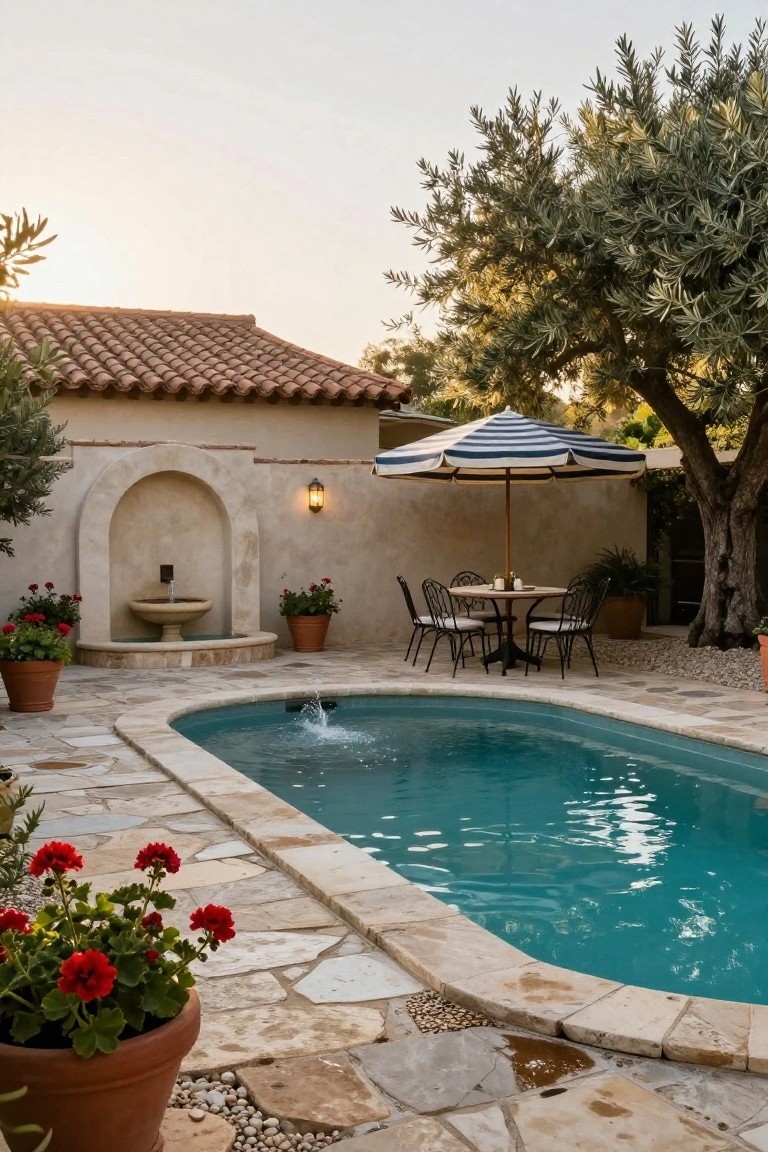 Curved turquoise inground pool surrounded by light beige irregular stone pavers on a patio deck, with a striped umbrella over a round bistro table and metal chairs, stucco wall with fountain, potted red geraniums, and olive trees.