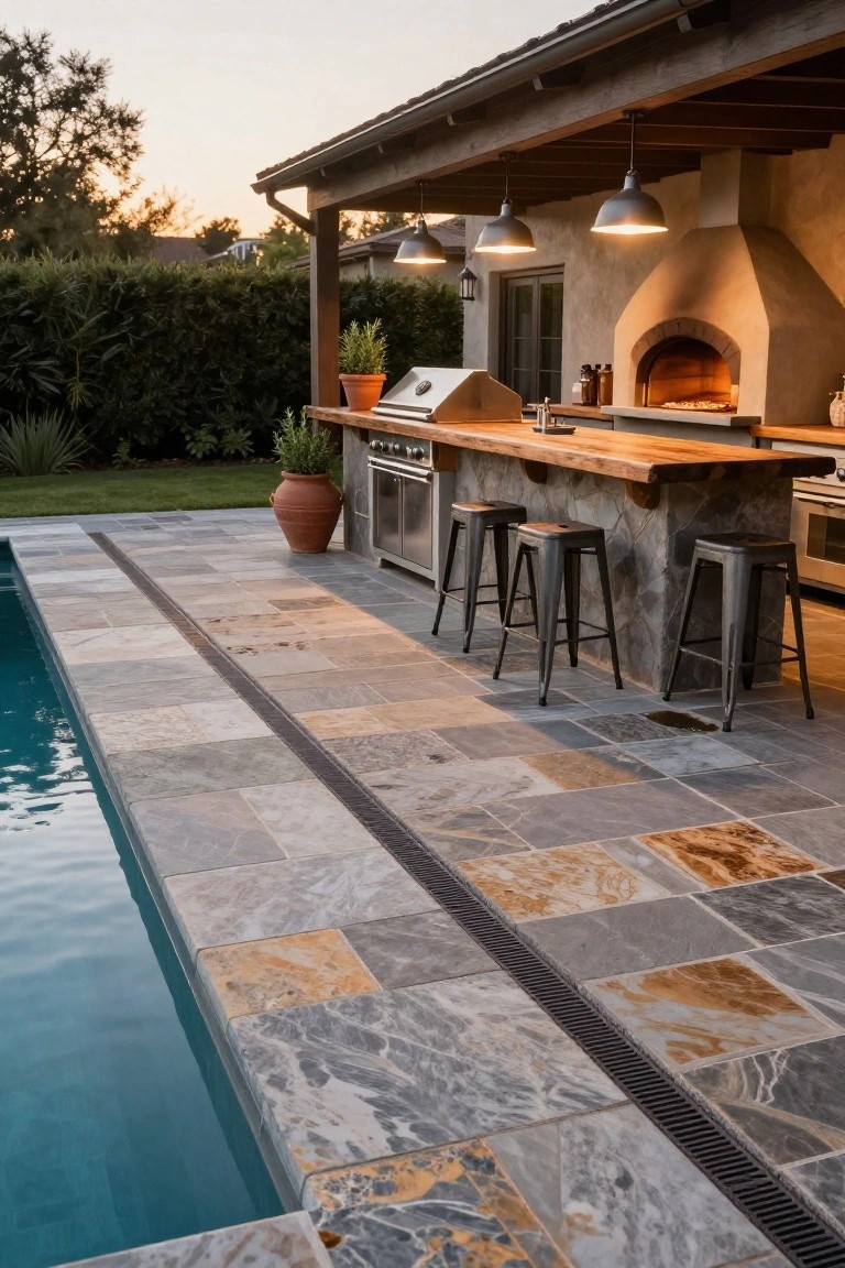 Inground pool with deck paved in varied gray and tan stone slabs along the edge, including a linear drain strip, next to an outdoor kitchen bar with metal stools, wood countertop, grill, and pizza oven under a covered patio.