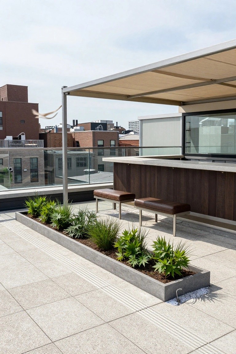 Rooftop terrace with light gray paver flooring, wooden bar counter and brown leather stools, beige fabric canopy on metal frame, linear concrete planter box filled with green leafy and grassy plants, glass railing, and city buildings in background.