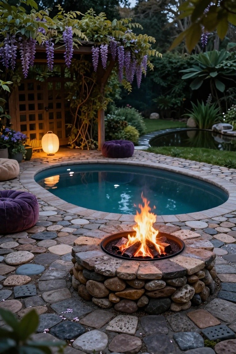Oval turquoise inground pool surrounded by multicolored pebble pavers forming a deck, adjacent stone fire pit with flames, purple floor cushions, paper lantern light, and garden landscaping at dusk.