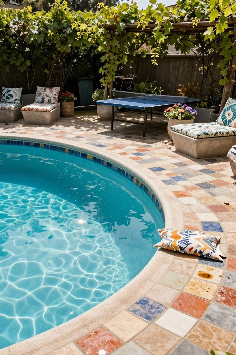 Curved inground swimming pool with turquoise water edged in multicolored terracotta pavers, surrounded by lounge chairs, a ping pong table, potted plants, and a grapevine-covered arbor in a backyard patio.