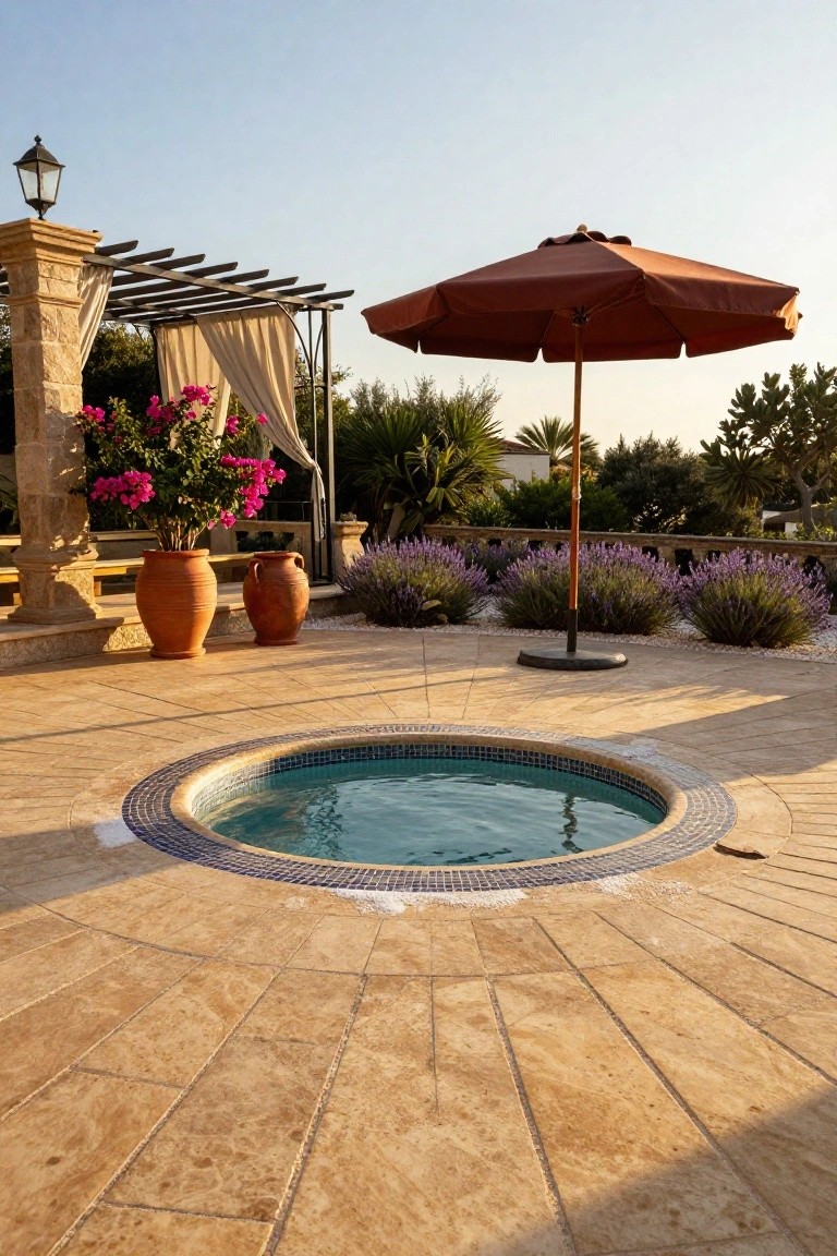 Circular inground hot tub with blue tiled rim integrated into a beige travertine paver deck on a terrace, with terracotta pots, lavender plants, a beach umbrella, and stone pillars nearby under a clear sky.