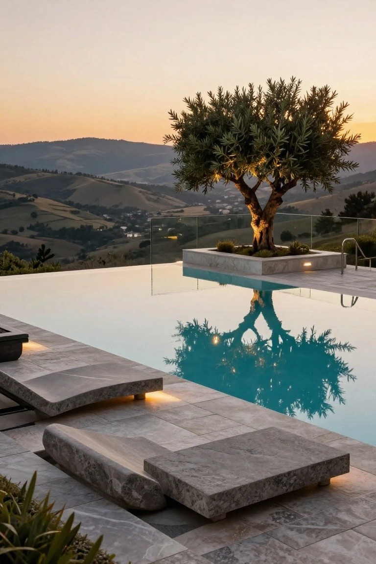 Infinity edge pool with gray stone paver deck, built-in stone loungers and benches, raised planter holding an olive tree, glass railing, overlooking hills at sunset.