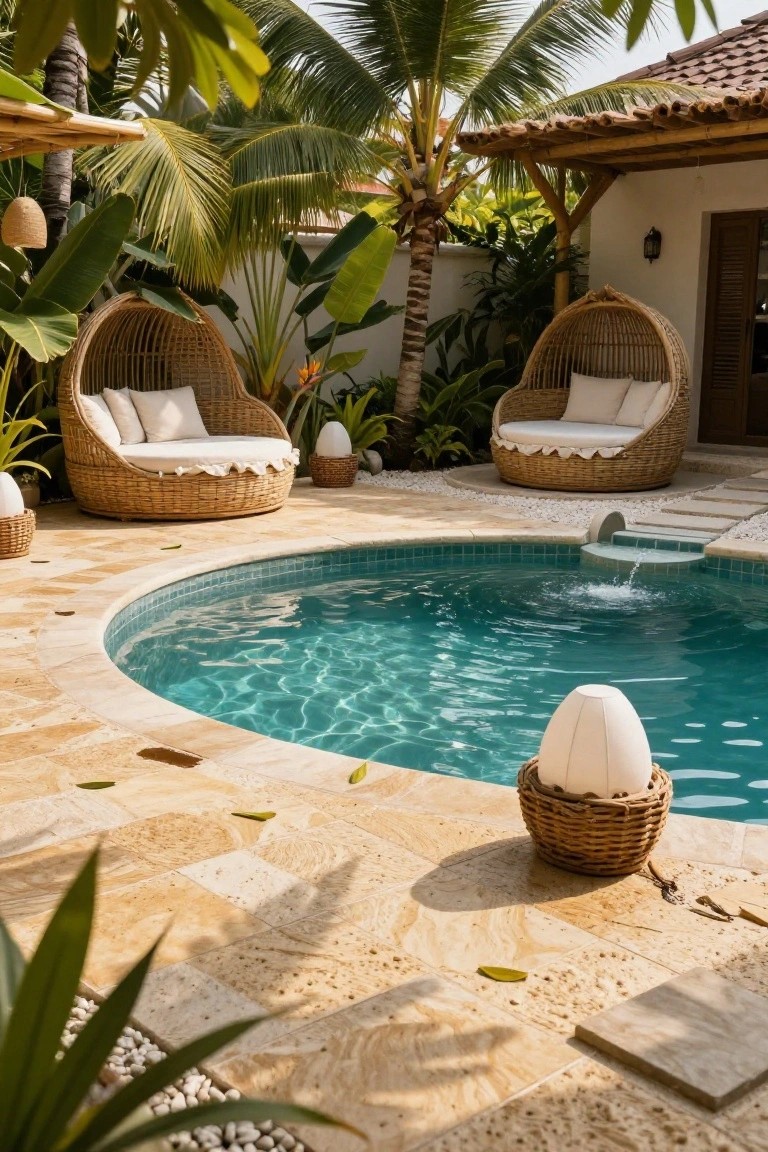 Round turquoise inground pool with fountain, surrounded by beige textured stone pavers, rattan egg chairs on either side, tropical plants and palms in outdoor setting.