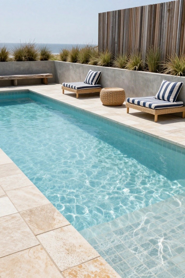 Inground pool with clear turquoise water edged by light beige rectangular pavers on a tiled deck, flanked by gray concrete walls planted with grasses, two wooden loungers with blue-and-white cushions, a rattan stool, wooden fence, and ocean view beyond.