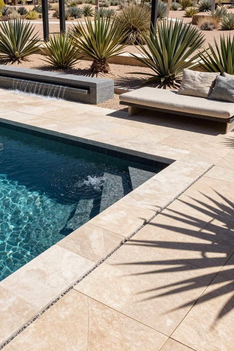 Close view of dark inground pool with light beige travertine paver decking along the edge, black stone linear water feature spilling into the pool, simple low bench with cushions nearby, agave plants and gravel landscaping in background.