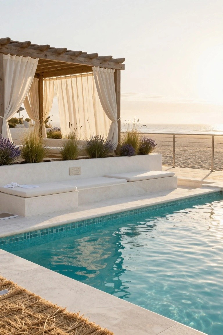 Rectangular turquoise mosaic-tiled pool with adjacent white stone built-in benches and decking, wooden pergola draped in sheer white curtains with potted lavender and grasses, railing overlooking sandy beach at sunset.