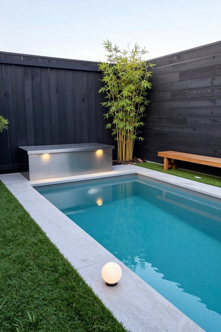 Small rectangular inground pool with turquoise water and concrete surround, next to a lit stainless steel bench, dark timber fence, bamboo plant, wooden bench, artificial grass, and white globe light on pavers.