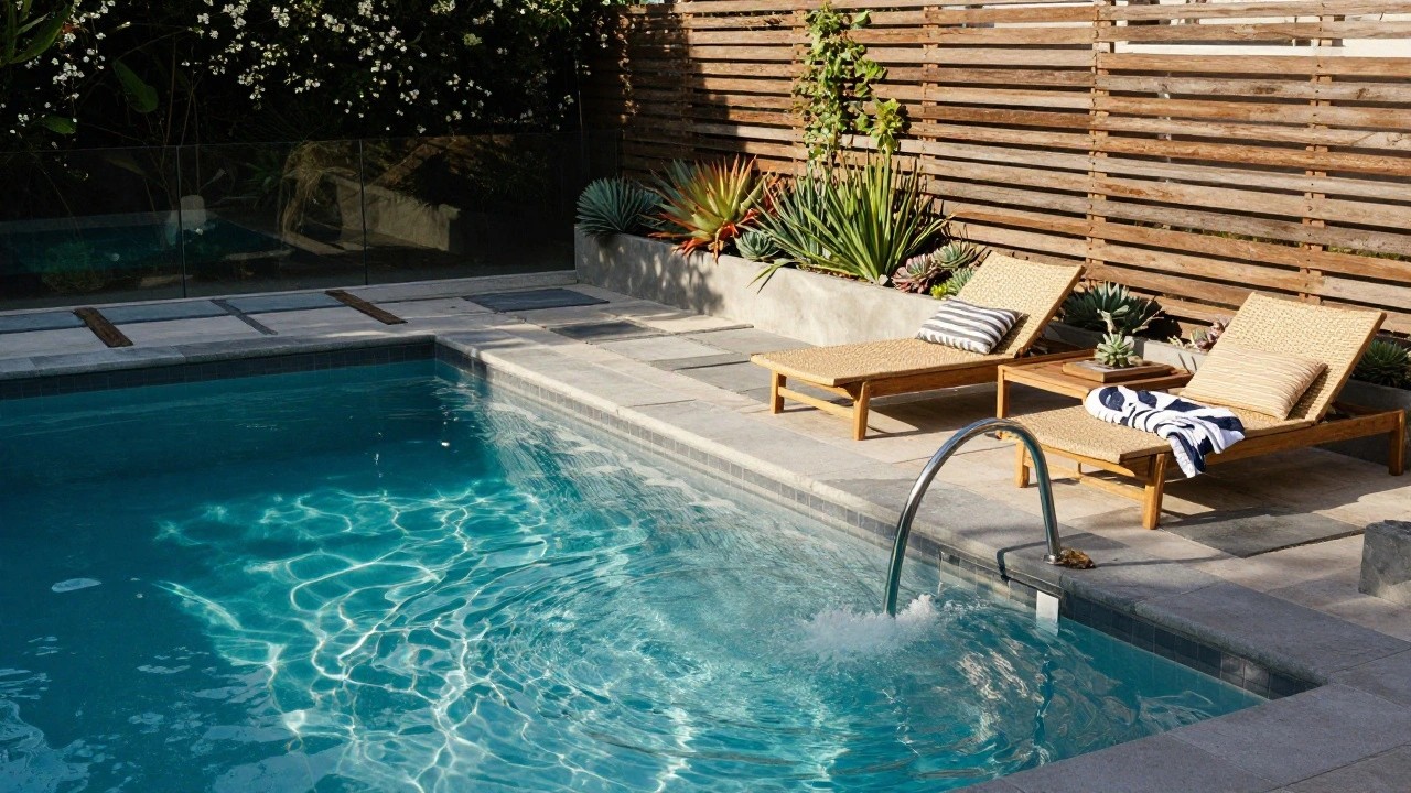 Rectangular turquoise-tiled semi-inground pool with water flowing from a stainless steel spout on a raised concrete planter wall planted with succulents, wooden loungers on a tiled deck, glass fence, and timber privacy screen with vines in the background.