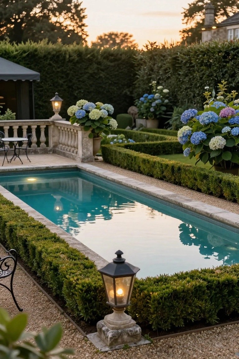 Rectangular turquoise pool with low boxwood hedges lining both sides, stone coping, lanterns, hydrangea bushes, and a small bistro table on gravel beside formal garden hedges at dusk.