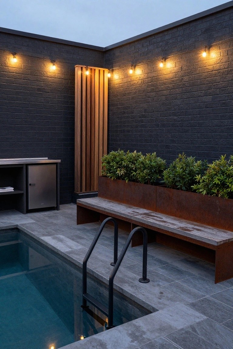 Rectangular semi-inground pool with black metal ladder, gray paver surround, corten steel planter box containing boxwood shrubs, concrete-topped rusted steel bench, stainless steel outdoor kitchen sink and fridge unit, wooden slat screen, black brick walls, and string lights at dusk.