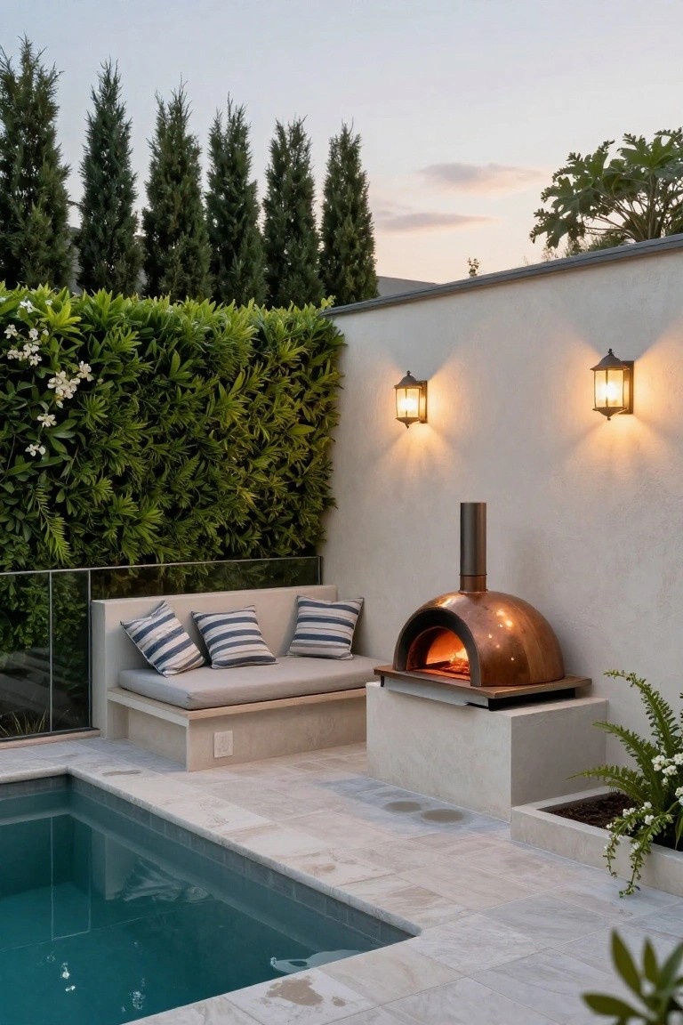 Rectangular turquoise semi-inground pool next to a beige built-in bench with blue striped cushions and a lit copper pizza oven on a base, against a white rendered wall with green vertical garden and wall lanterns, on light gray tiled patio.
